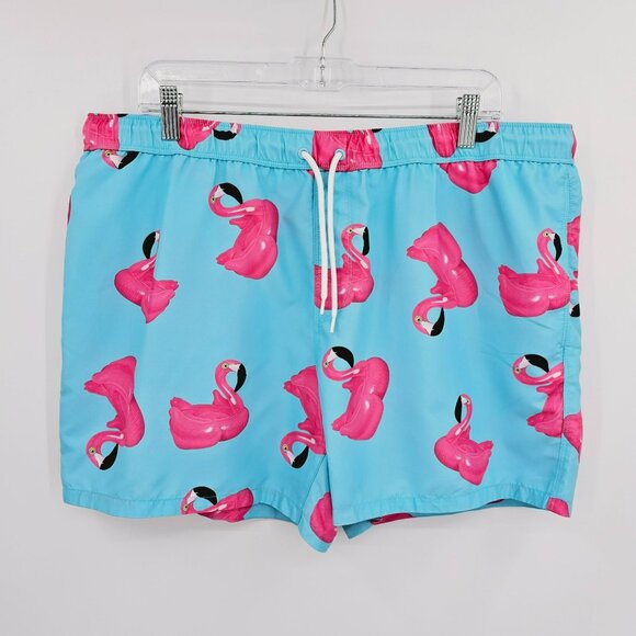 Asos Swim Shorts 2XL Blue Pink Flamingo Print Unlined Pockets Elastic Waist Tie - Picture 11 of 12